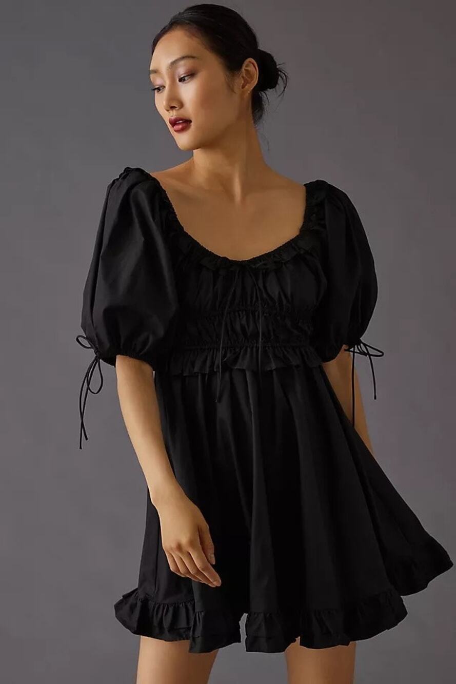En Saison Black Puff Sleeve Ruffle 100% Cotton Mini Dress Size Small